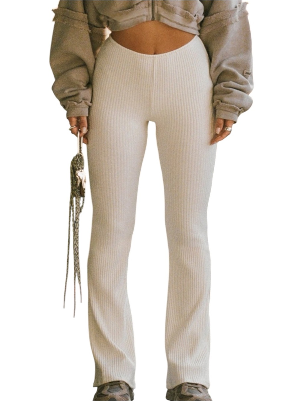 Joah Brown Ribbed Knit Mini Flare Lounge Pants Size Small Cream Oatmeal Luxe